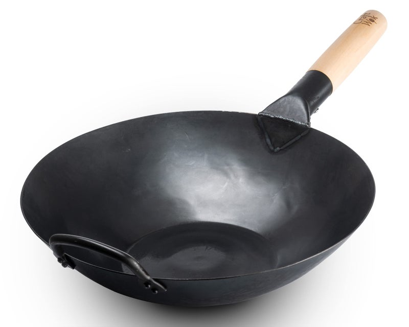 Craft Wok Black13 Flat PreSeasoned Hammered Carbon Steel Wok with Wooden and Steel Helper Handle 13 Inch Flat Bottom
