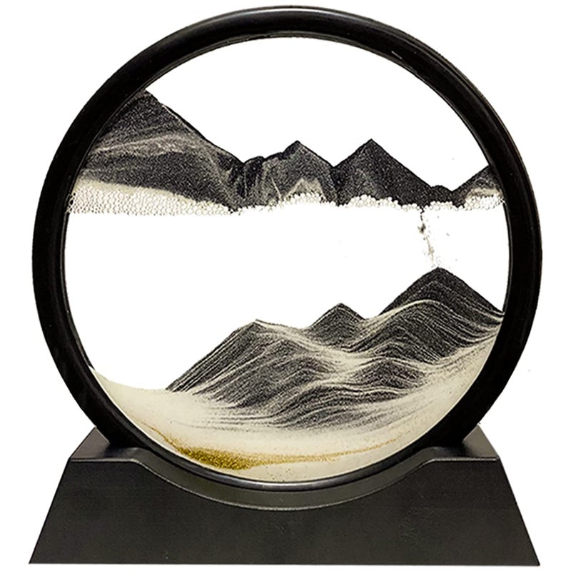 3D Moving Sand Art Picture - 12In Round Lead-Free Glass Black Frame Dynamic Relaxing Sandscape for Home Office Desktop Decor Gift for Teens Adults - Image 1