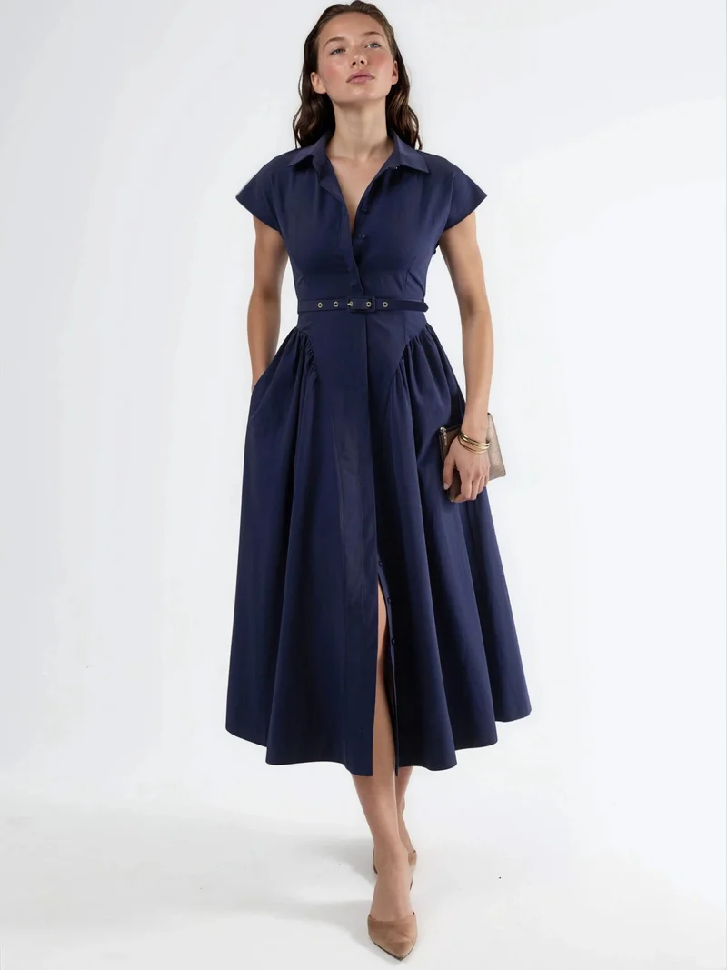 بوسيم BUSEM Belted Midi Dress with Shirt Collar