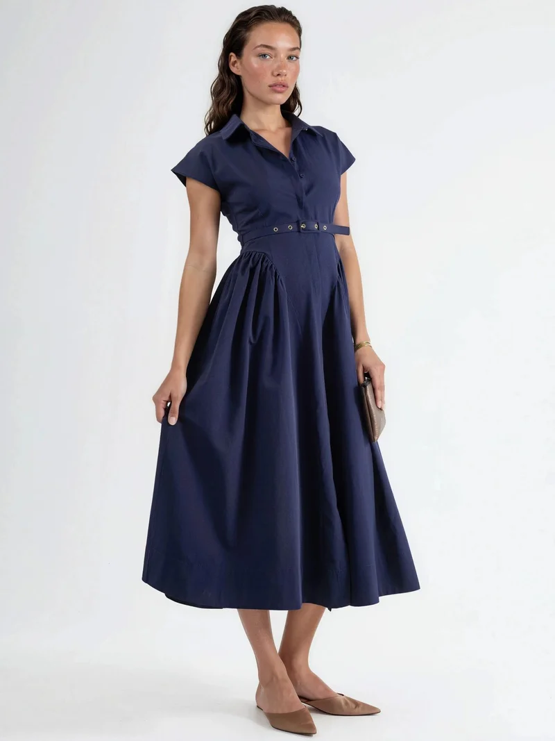بوسيم BUSEM Belted Midi Dress with Shirt Collar