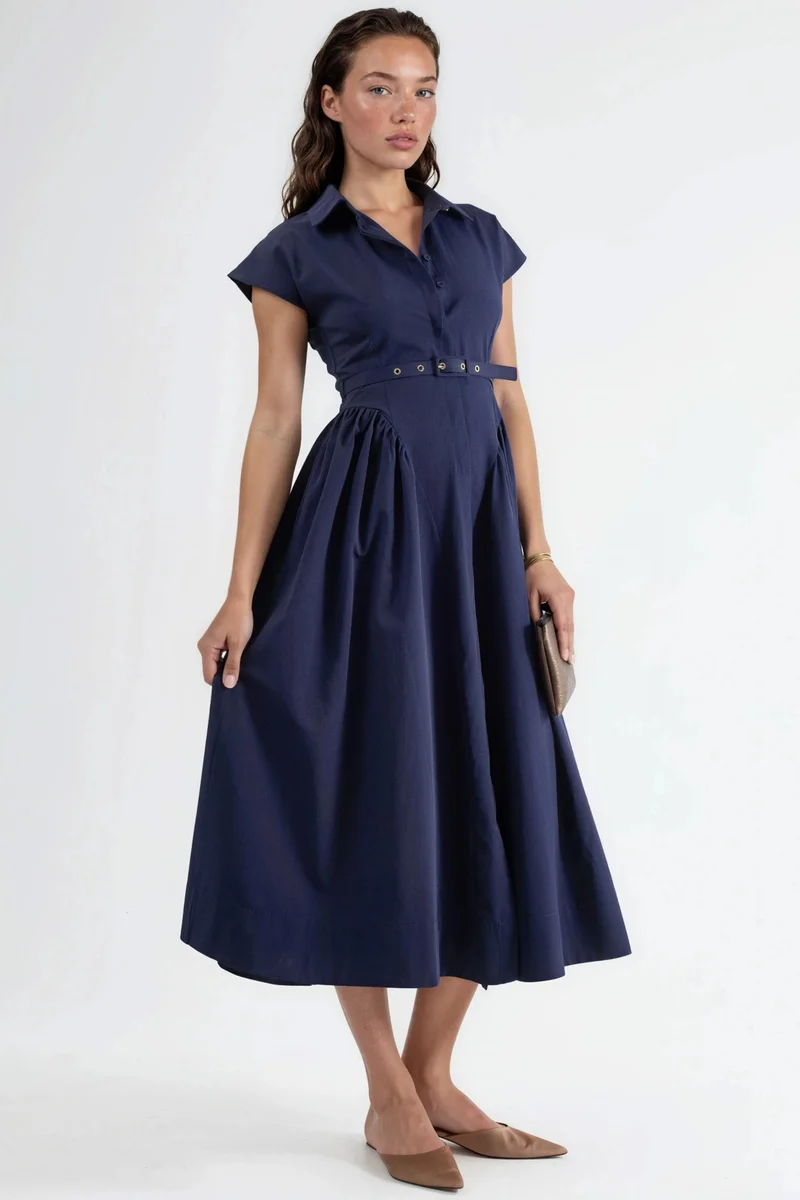 Busem BUSEM Belted Midi Dress with Shirt Collar