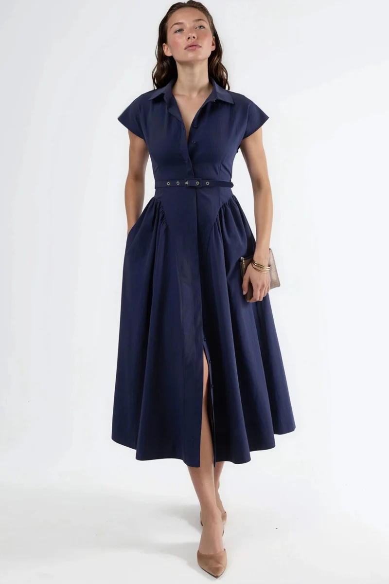 BUSEM Belted Midi Dress with Shirt Collar
