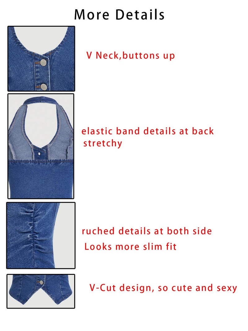 OYOANGLE Women's Button Front Denim Jacket Vest Sleeveless Vintage Halter Jean Crop Tank Top Dark Wash S - Image 5