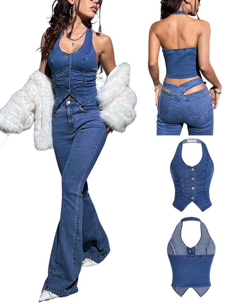 OYOANGLE Women's Button Front Denim Jacket Vest Sleeveless Vintage Halter Jean Crop Tank Top Dark Wash S - Image 2
