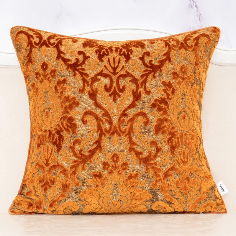 Alerfa Boho Orange Floral Throw Pillow Cover 18x18 Inch Cut Velvet Sqaure Luxury Embroidered Decorative Pillow Cover for Couch Living Room Bedroom - Image 1