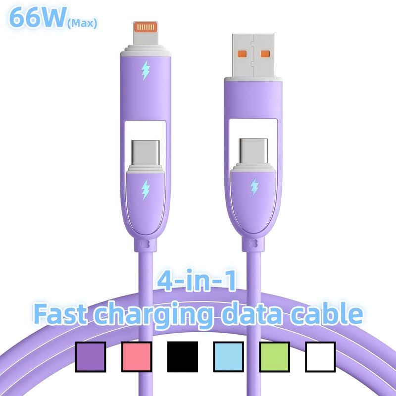 4 In 1 Fast Charging Cable 66W USB C Usb Lighting Purple 1M - Image 1