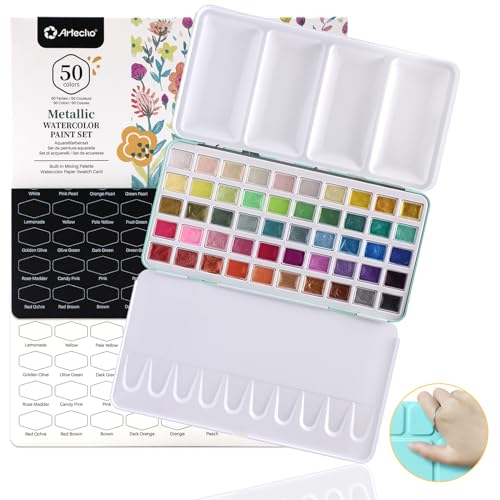 Artecho Metallic Watercolor Paints, 50 Glitter Watercolor Paint Set, Water Colors Paint Adult Set with Bottom Ring for Easy Holding, Ideal for Amateur Hobbyists, Painting Lovers and Artists - Image 1