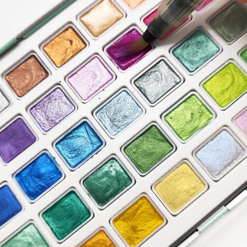 Artecho Metallic Watercolor Paints, 50 Glitter Watercolor Paint Set, Water Colors Paint Adult Set with Bottom Ring for Easy Holding, Ideal for Amateur Hobbyists, Painting Lovers and Artists - Image 4
