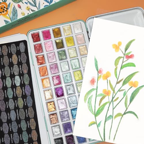 Artecho Metallic Watercolor Paints, 50 Glitter Watercolor Paint Set, Water Colors Paint Adult Set with Bottom Ring for Easy Holding, Ideal for Amateur Hobbyists, Painting Lovers and Artists - Image 5