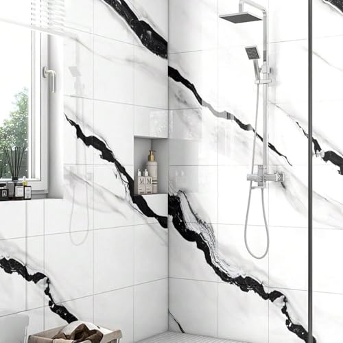 Chejiaye 10pcs Marble Peel and Stick Backsplash Waterproof Washroom Wall Panels, Peel and Stick Tile, PVC Foam Wall Panels for Kitchen,Bathroom,living room,White and Black(Not Real Tile,11.8" x 11.8") - Image 2