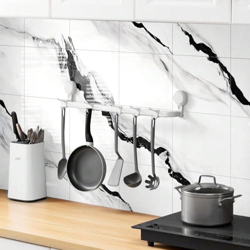 Chejiaye 10pcs Marble Peel and Stick Backsplash Waterproof Washroom Wall Panels, Peel and Stick Tile, PVC Foam Wall Panels for Kitchen,Bathroom,living room,White and Black(Not Real Tile,11.8" x 11.8") - Image 3