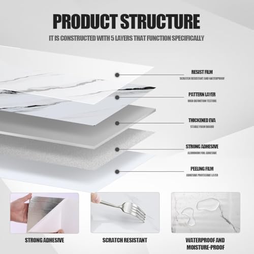 Chejiaye 10pcs Marble Peel and Stick Backsplash Waterproof Washroom Wall Panels, Peel and Stick Tile, PVC Foam Wall Panels for Kitchen,Bathroom,living room,White and Black(Not Real Tile,11.8" x 11.8") - Image 5