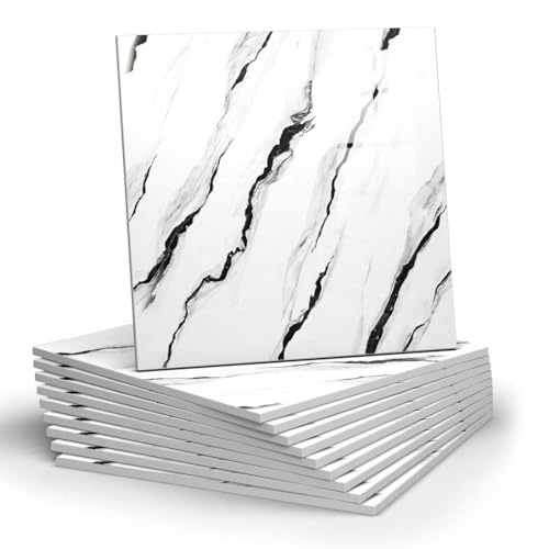 Chejiaye 10pcs Marble Peel and Stick Backsplash Waterproof Washroom Wall Panels, Peel and Stick Tile, PVC Foam Wall Panels for Kitchen,Bathroom,living room,White and Black(Not Real Tile,11.8" x 11.8") - Image 1