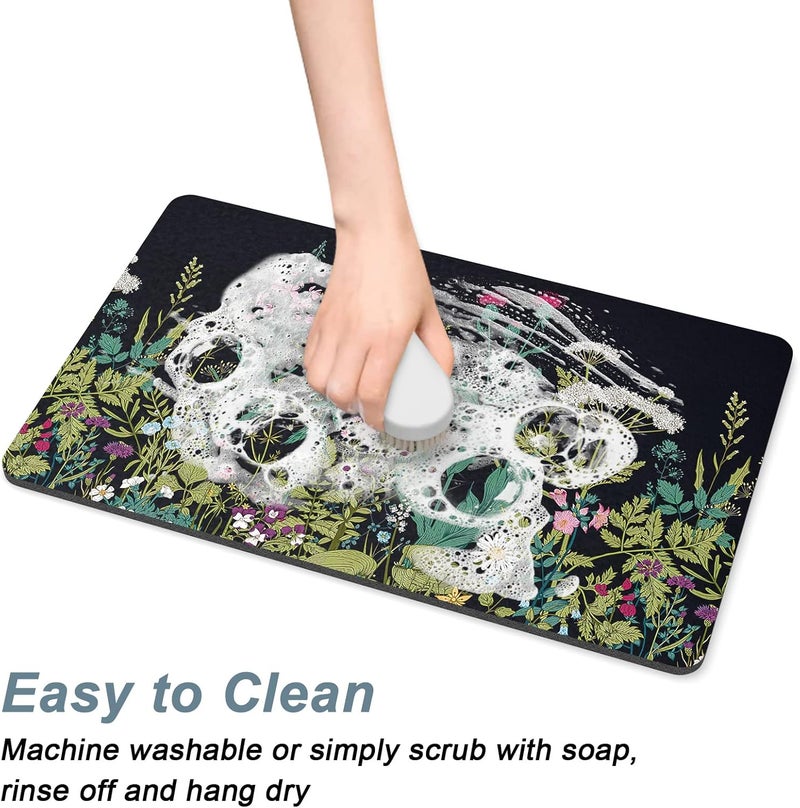 Rnivvi Dog Food Mat, 12" x 19" Flower Absorbent Dog Cat Bowl Mat for Food and Water, 3MM Anti-Slip Rubber Pet Feeding Rug Protect Floors, Puppy Placemat for Feeding & Watering Supplies, Black Floral - Image 5