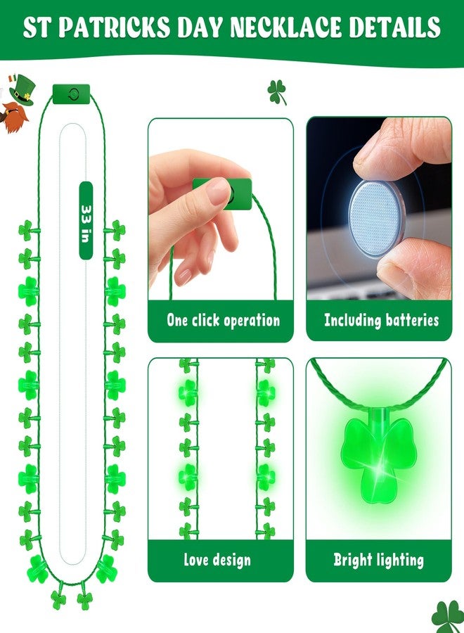 EOBOH 3PCS St Patricks Day Necklace, Light up St. Patricks Day Necklaces Bulk, 8 Lights Green CloverIrish Saint Patricks Day Decor, Irish Holiday Accessories for Parade Throw Party Favor - Image 2
