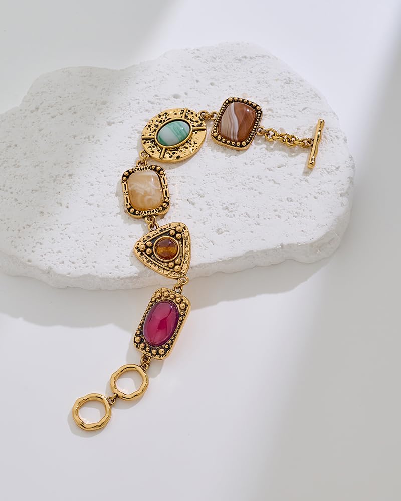 FAUTHENTICUTE Vintage Gold Charm Bracelet For Women With Toggle And Bar Closure Imitation Tiger Eye Carnelian Cabs In Antique Gold Stone Setting Unique Chunky Copper Bracelet For Everyday Wear - Image 5