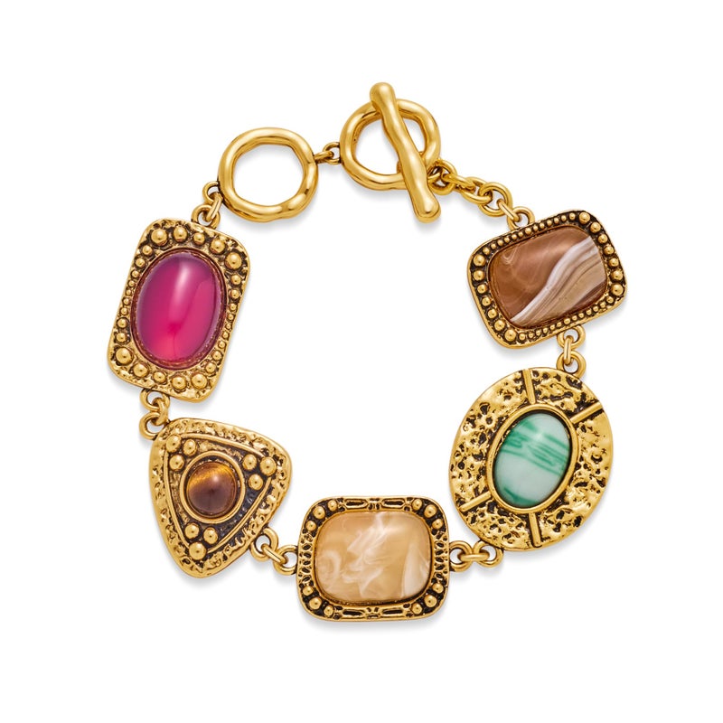 FAUTHENTICUTE Vintage Gold Charm Bracelet For Women With Toggle And Bar Closure Imitation Tiger Eye Carnelian Cabs In Antique Gold Stone Setting Unique Chunky Copper Bracelet For Everyday Wear - Image 1