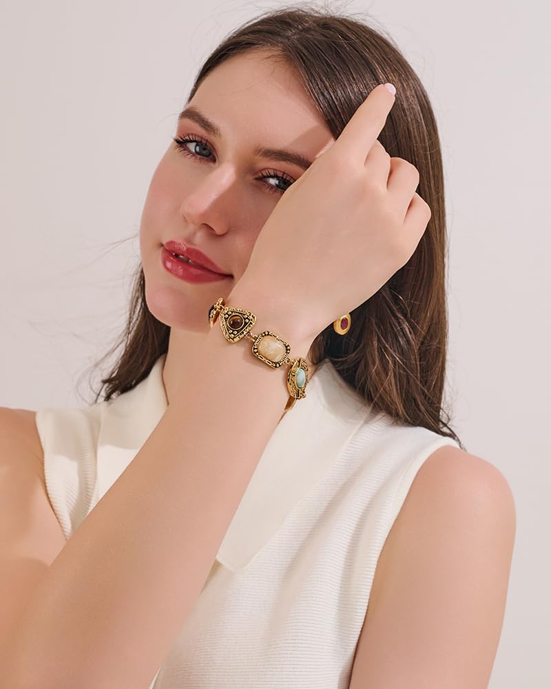 FAUTHENTICUTE Vintage Gold Charm Bracelet For Women With Toggle And Bar Closure Imitation Tiger Eye Carnelian Cabs In Antique Gold Stone Setting Unique Chunky Copper Bracelet For Everyday Wear - Image 3