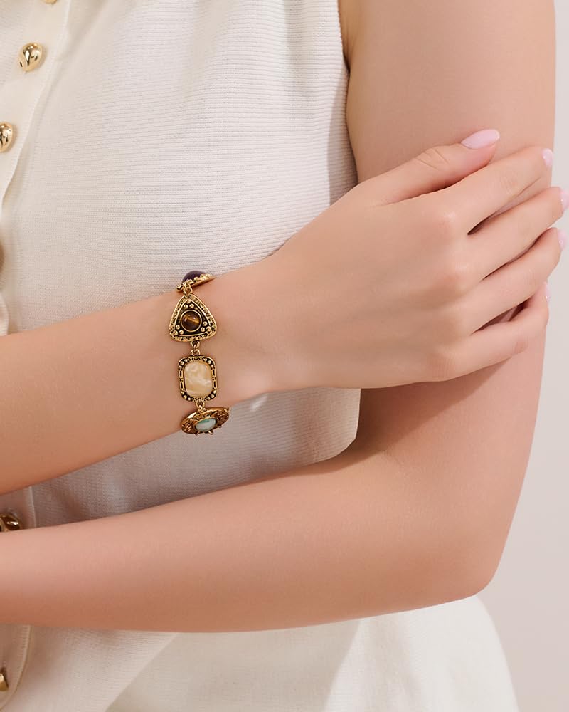 FAUTHENTICUTE Vintage Gold Charm Bracelet For Women With Toggle And Bar Closure Imitation Tiger Eye Carnelian Cabs In Antique Gold Stone Setting Unique Chunky Copper Bracelet For Everyday Wear - Image 2