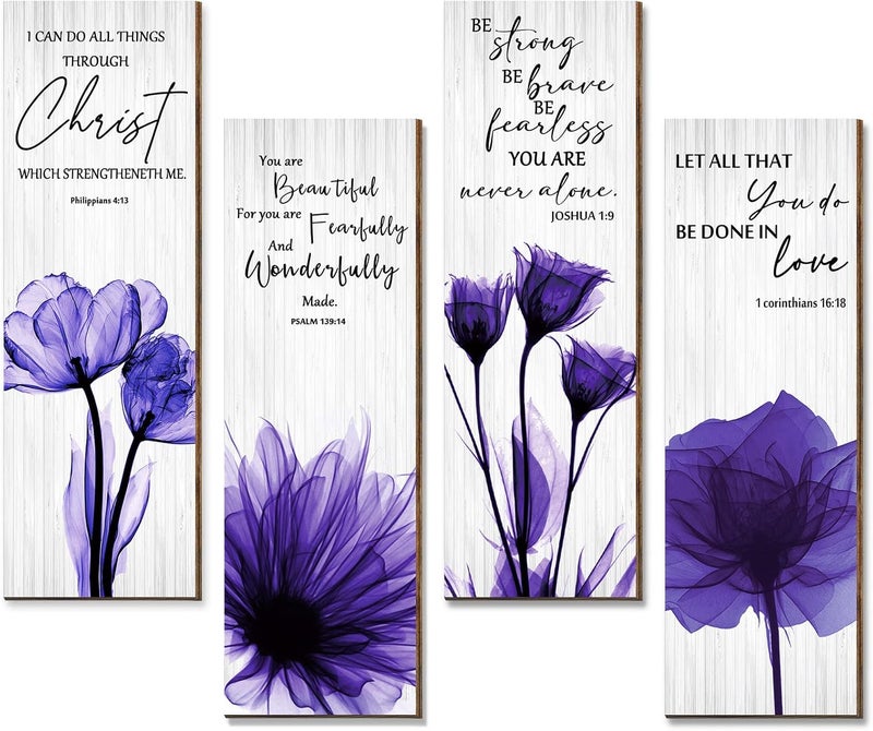 اي ار اس ARS Canvas Abstract Painting Print of 4 Pieces Purple Flower Religious Wall Decors Inspirational Wood Bible Verses Wall Art for Office Living Room Bedroom Gifting Size: 28 x 9 x 0.5 cm/ 11 x 3.5 x 0.2 inches - Image 1