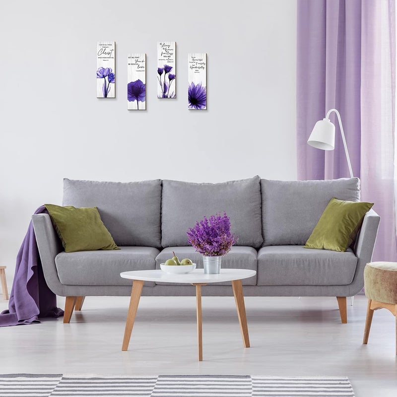 اي ار اس ARS Canvas Abstract Painting Print of 4 Pieces Purple Flower Religious Wall Decors Inspirational Wood Bible Verses Wall Art for Office Living Room Bedroom Gifting Size: 28 x 9 x 0.5 cm/ 11 x 3.5 x 0.2 inches - Image 5