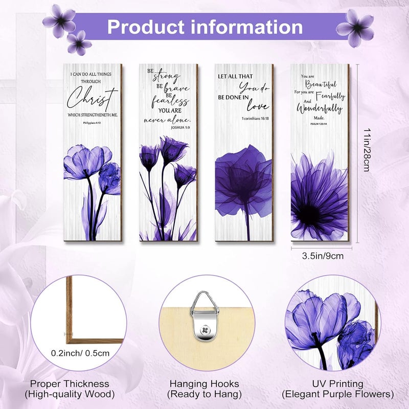 اي ار اس ARS Canvas Abstract Painting Print of 4 Pieces Purple Flower Religious Wall Decors Inspirational Wood Bible Verses Wall Art for Office Living Room Bedroom Gifting Size: 28 x 9 x 0.5 cm/ 11 x 3.5 x 0.2 inches - Image 2