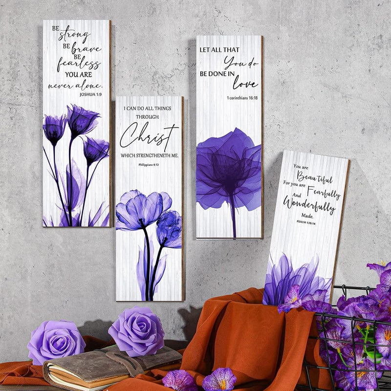 اي ار اس ARS Canvas Abstract Painting Print of 4 Pieces Purple Flower Religious Wall Decors Inspirational Wood Bible Verses Wall Art for Office Living Room Bedroom Gifting Size: 28 x 9 x 0.5 cm/ 11 x 3.5 x 0.2 inches - Image 4