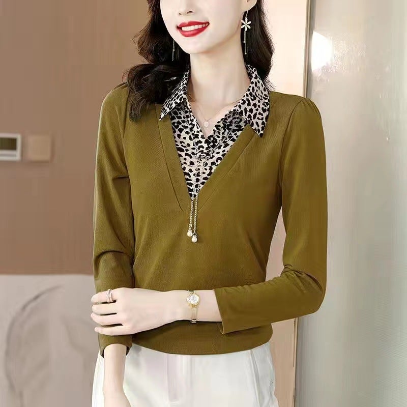 2023 New Western Style T-Shirt Women'S Fake Two-Piece Top Long Sleeve Mom Autumn T-Shirt Small Shirt Plus Size Bottoming Shirt - Image 3