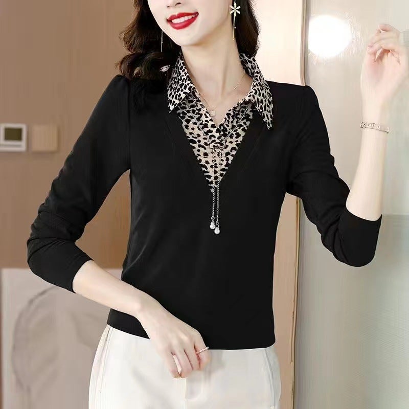 2023 New Western Style T-Shirt Women'S Fake Two-Piece Top Long Sleeve Mom Autumn T-Shirt Small Shirt Plus Size Bottoming Shirt - Image 4