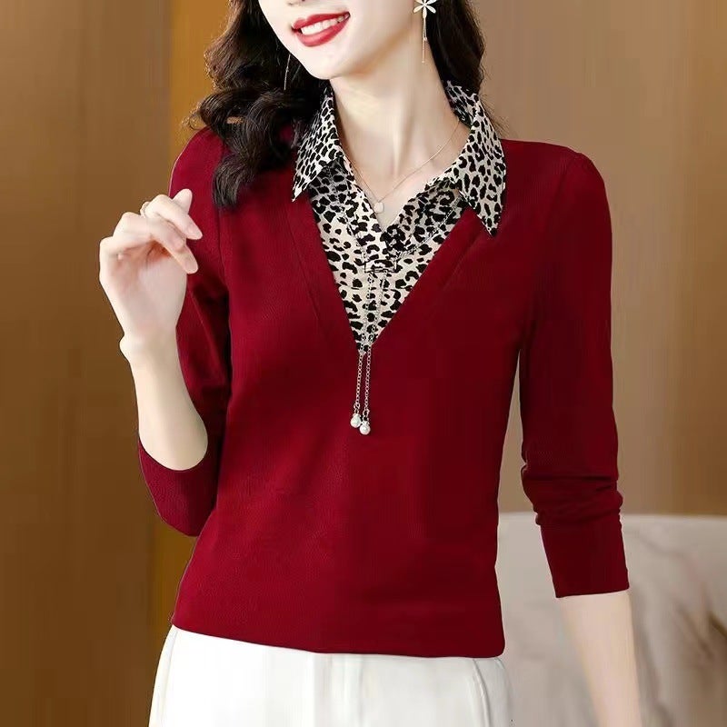 2023 New Western Style T-Shirt Women'S Fake Two-Piece Top Long Sleeve Mom Autumn T-Shirt Small Shirt Plus Size Bottoming Shirt - Image 2