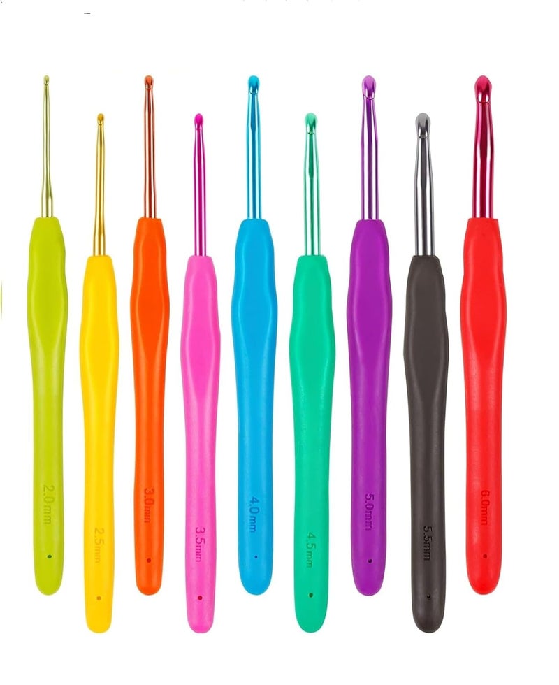 FirstTry FirstTry Aluminum Crochet Hooks Kit With Colored Soft Handles Easy Grip With Flat Finger for Sweaters Scarves and Hats DIY Knitting Crochet Supplies Set of 9