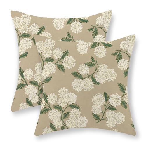 GOLIANDA Beige Hydrangea Floral Pillow Covers 18x18 Set of 2 Khaki Green Floral Pillow Cases Vintage Flower Decor Outdoor Throw Pillows Linen Farmhouse Seasonal Decorative Cushion Case for Couch Home - Image 1