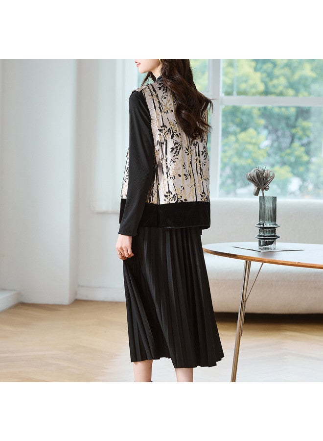 Tucano طقم فستان بأسلوب صيني جديد، طقم مكون من قطعتين مع ياقة واقفة بدون أكمام مزين بتطريز وزر وشرابة للنساء في فصل الخريف والربيع - Image 2