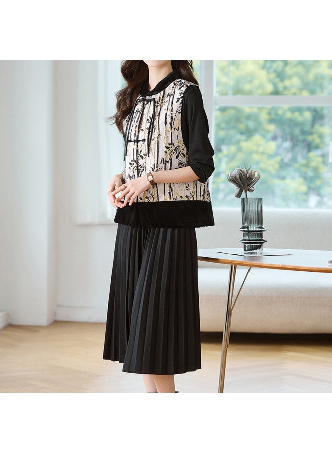 Tucano طقم فستان بأسلوب صيني جديد، طقم مكون من قطعتين مع ياقة واقفة بدون أكمام مزين بتطريز وزر وشرابة للنساء في فصل الخريف والربيع - Image 5