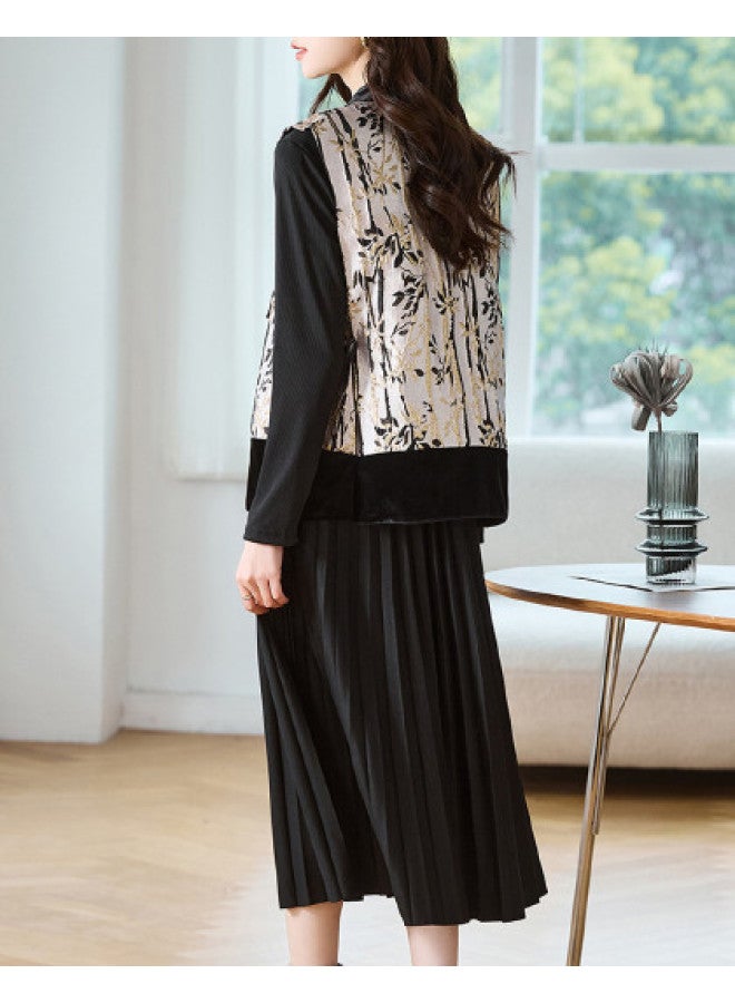 Tucano طقم فستان بأسلوب صيني جديد، طقم مكون من قطعتين مع ياقة واقفة بدون أكمام مزين بتطريز وزر وشرابة للنساء في فصل الخريف والربيع - Image 1