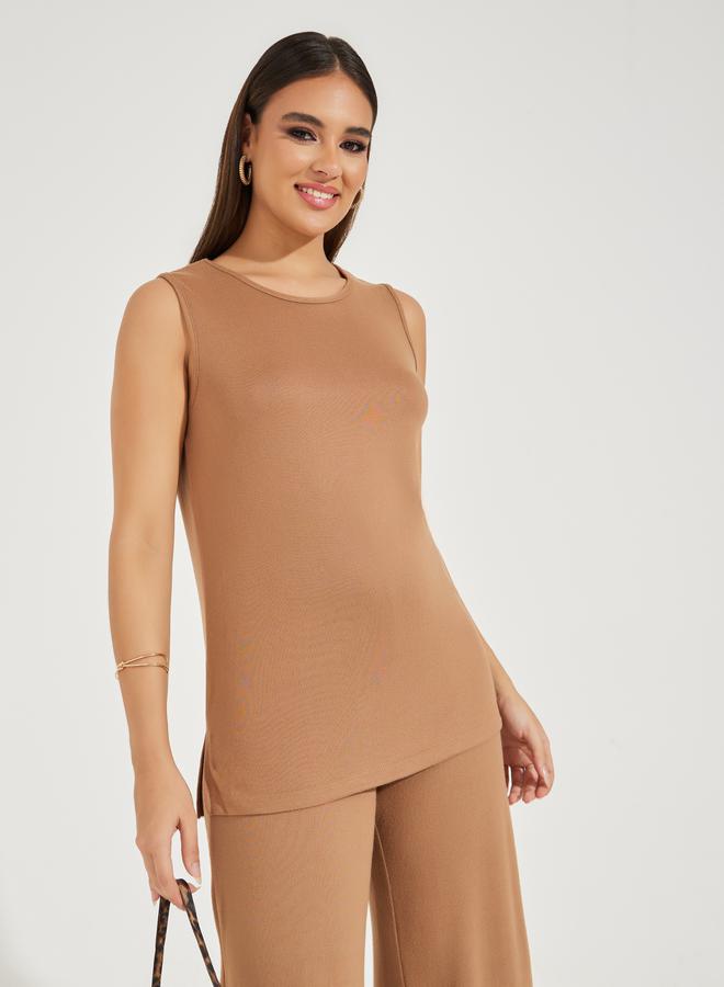 Styli Solid Round Neck Sleeveless Knit Top - Image 1