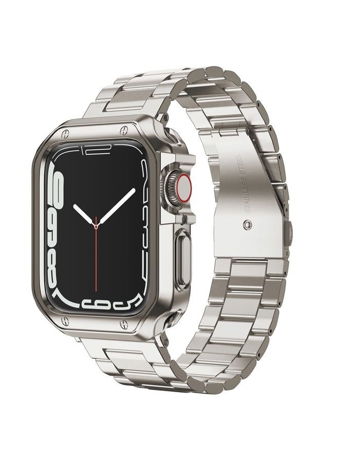 MRYUESG Designed for Apple Watch Band and Case, Stainless Steel Metal Chain with TPU Cover, Smart-Watch Link Bracelet Strap, Wrist-Band for i-Watch Series 9 8 7 6 5 4 3 2 1 SE, 45mm 44mm 42mm, Starlight - Image 1