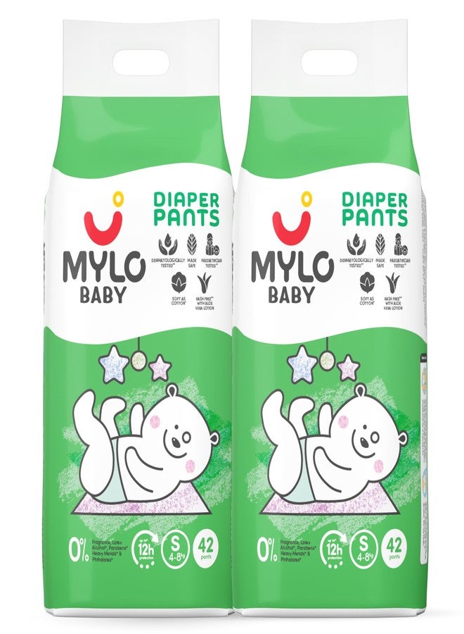 Mylo Baby Diaper Pants Small (S) Size 4-8 kgs (84 count) Leak Proof | Lightweight | Rash Free | Upto 12 Hours Protection | ADL Technology | with Aloe Vera Lotion (42 Count, Pack of 2) - Image 1