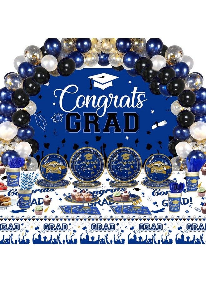 Alitake - 278 Pcs Graduation Party Decorations Class Of 2023 Party Supplies Kit Congrats Balloons Grad Party Disposable Dinnerware Backdrop Tablecloth For High School College Grad Celebration Serves 24 Blue - Image 1