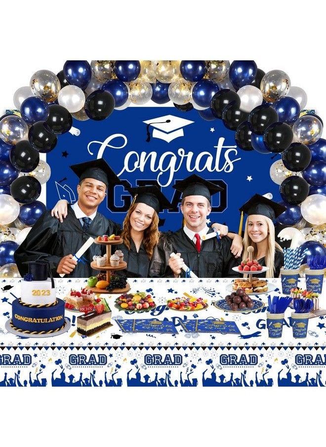 Alitake - 278 Pcs Graduation Party Decorations Class Of 2023 Party Supplies Kit Congrats Balloons Grad Party Disposable Dinnerware Backdrop Tablecloth For High School College Grad Celebration Serves 24 Blue - Image 1