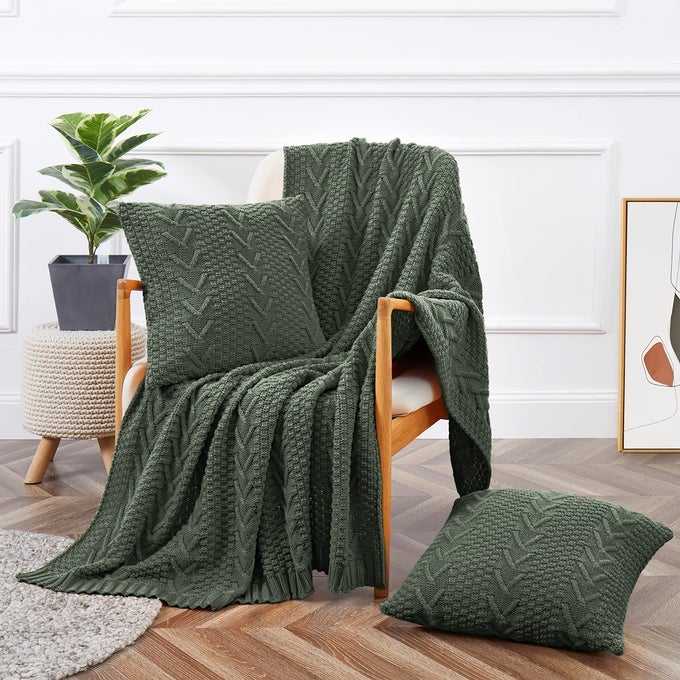 KNITTED THROW BLANKET 50 X 60 AND 2 PILLOW COVERS 18 X 18 3 PIECE GRAYISH GREEN THROW BLANKET SET DECORATIVE THROW BLANKETS FOR COUCH SOFA BED LIVING ROOM