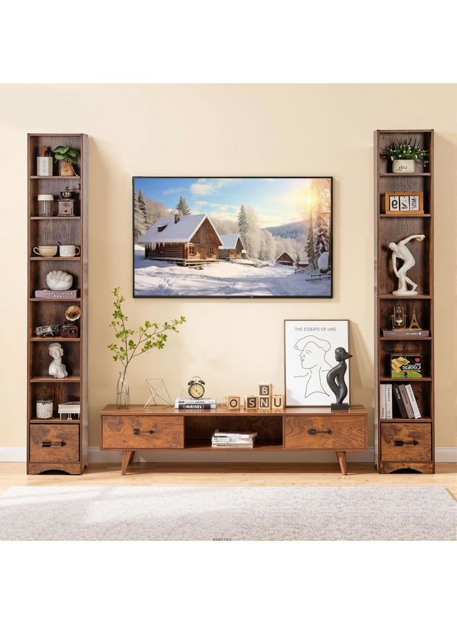 VECELO Space-Saving Tall Narrow Storage Shelf - 6 Adjustable Shelves, Removable Fabric Drawer, Elevated Moisture-Proof Base, Decorative Bookcase for Small Apartments Dorms-Brown - Image 2