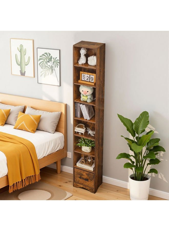VECELO Space-Saving Tall Narrow Storage Shelf - 6 Adjustable Shelves, Removable Fabric Drawer, Elevated Moisture-Proof Base, Decorative Bookcase for Small Apartments Dorms-Brown - Image 4