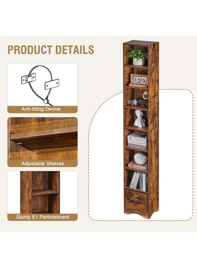 VECELO Space-Saving Tall Narrow Storage Shelf - 6 Adjustable Shelves, Removable Fabric Drawer, Elevated Moisture-Proof Base, Decorative Bookcase for Small Apartments Dorms-Brown - Image 5