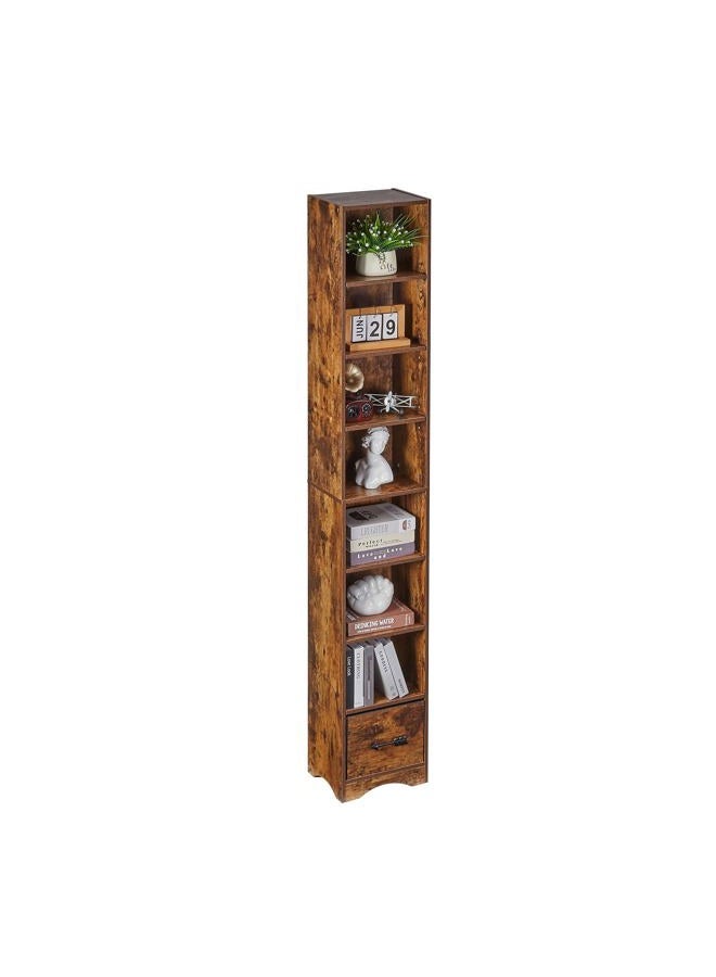 VECELO Space-Saving Tall Narrow Storage Shelf - 6 Adjustable Shelves, Removable Fabric Drawer, Elevated Moisture-Proof Base, Decorative Bookcase for Small Apartments Dorms-Brown - Image 1