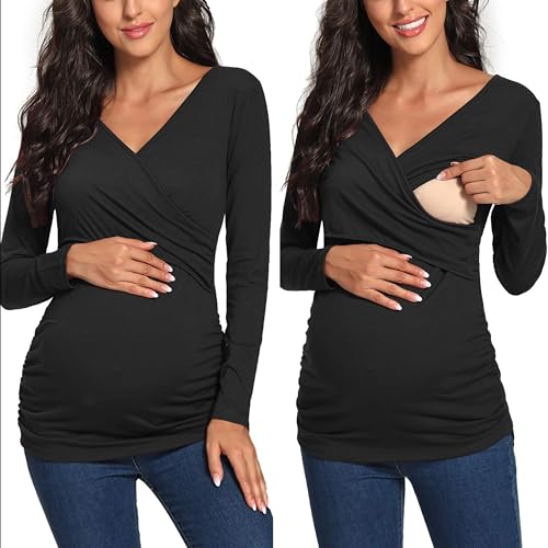 Glampunch Women's Maternity Nursing Tops Long Sleeve Breastfeeding Top Tee Shirt Double Layer Pregnancy Shirt Black - Image 2
