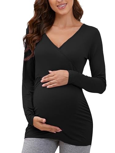 Glampunch Women's Maternity Nursing Tops Long Sleeve Breastfeeding Top Tee Shirt Double Layer Pregnancy Shirt Black - Image 1