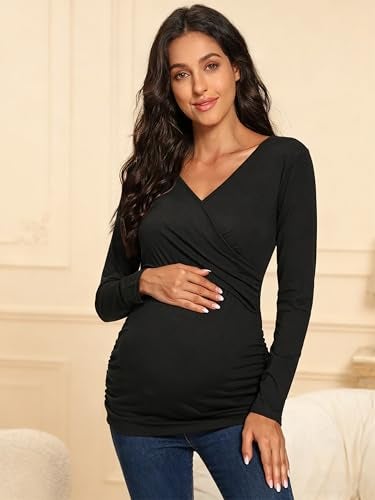 Glampunch Women's Maternity Nursing Tops Long Sleeve Breastfeeding Top Tee Shirt Double Layer Pregnancy Shirt Black - Image 3