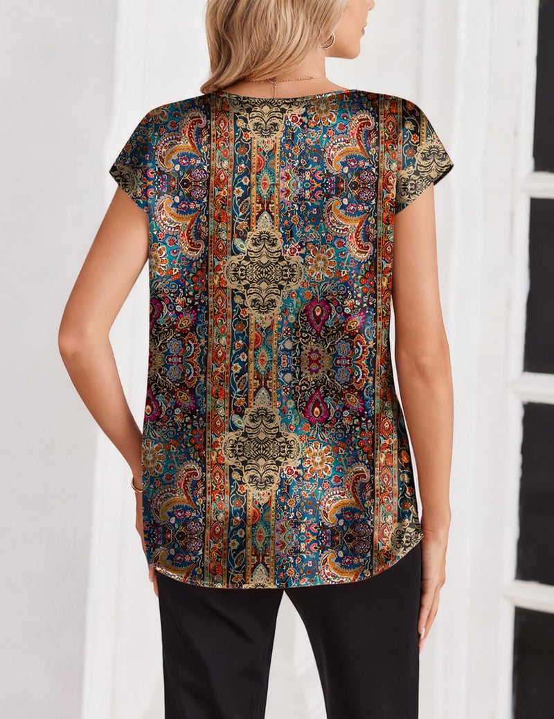 Zeagoo Womens Silk Shirts 2026 Short Sleeve Boho Tops Loose Fit V Neck Casual Trendy Tshirt Summer Satin Clothes - Image 4
