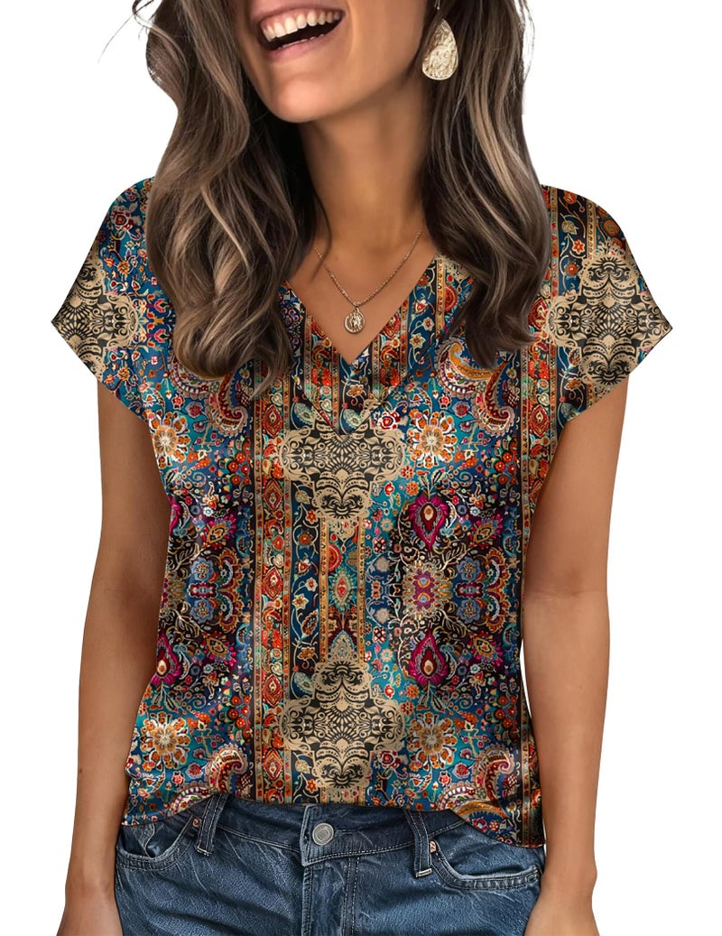 Zeagoo Womens Silk Shirts 2026 Short Sleeve Boho Tops Loose Fit V Neck Casual Trendy Tshirt Summer Satin Clothes - Image 1